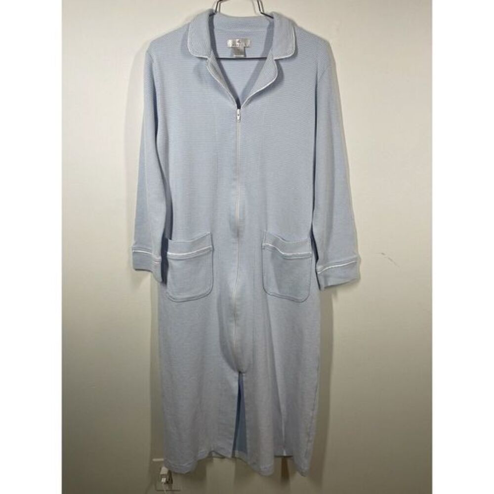 Marelle Women’s Light Blue And White Textured Robe Full Zip M Luxury Pima Cotton